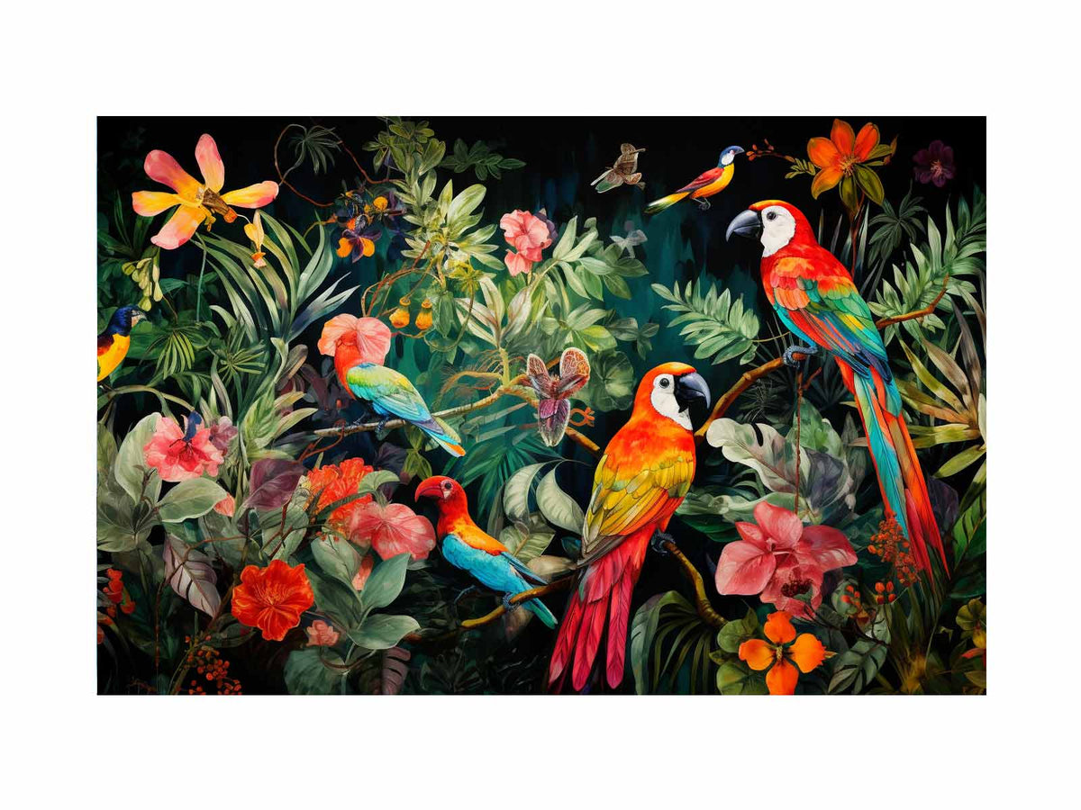 Colorful parrot canvas art with tropical flowers and leaves for statement decor.