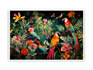 Colorful parrot canvas art with tropical flowers and leaves for statement decor.