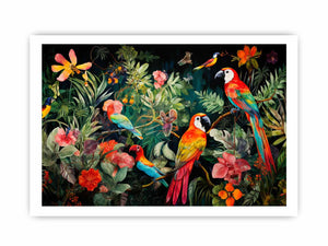 Colorful parrot canvas art with tropical flowers and leaves for statement decor.
