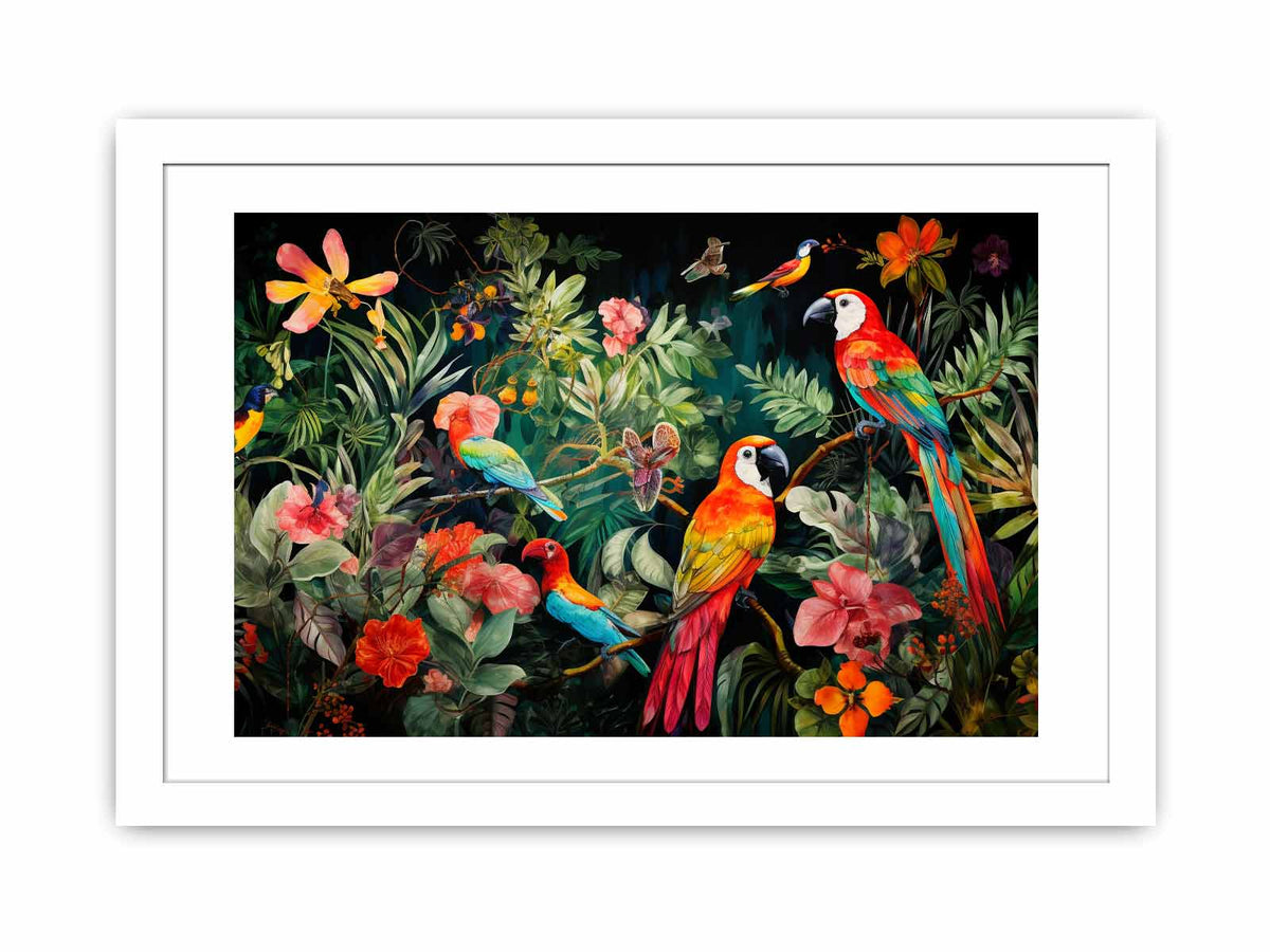 Colorful parrot canvas art with tropical flowers and leaves for statement decor.
