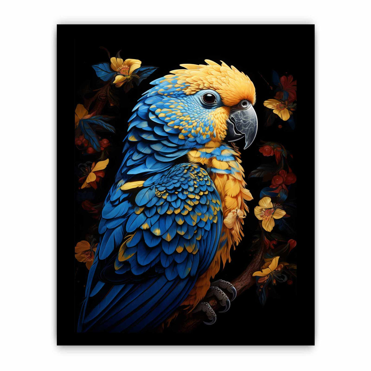Blue and yellow macaw canvas art with tropical flowers for modern living room decor.