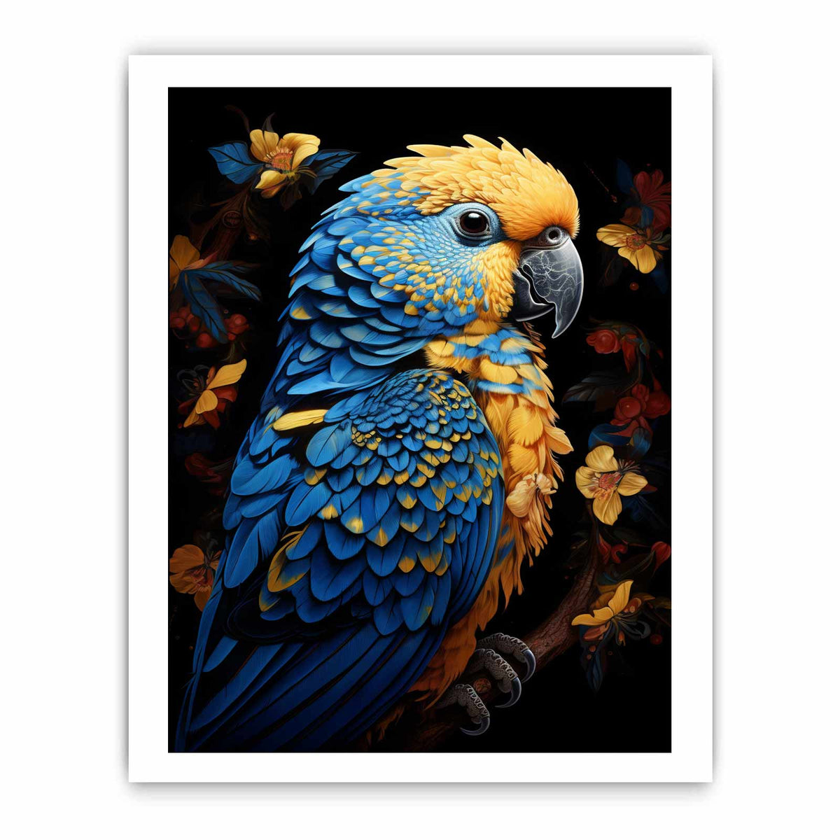 Blue and yellow macaw canvas art with tropical flowers for modern living room decor.