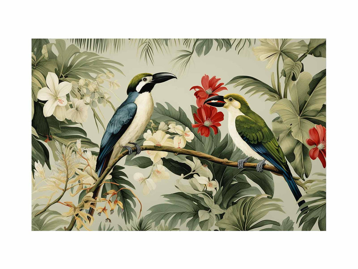 Two tropical birds canvas art with lilies and green leaves for elegant home decor.