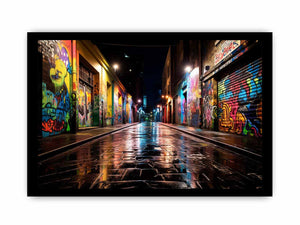 Neon graffiti alley canvas art with wet street reflections for urban decor.