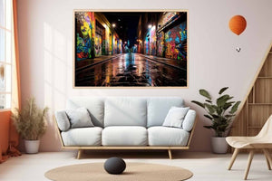Neon graffiti alley canvas art with wet street reflections for urban decor.