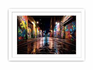 Neon graffiti alley canvas art with wet street reflections for urban decor.