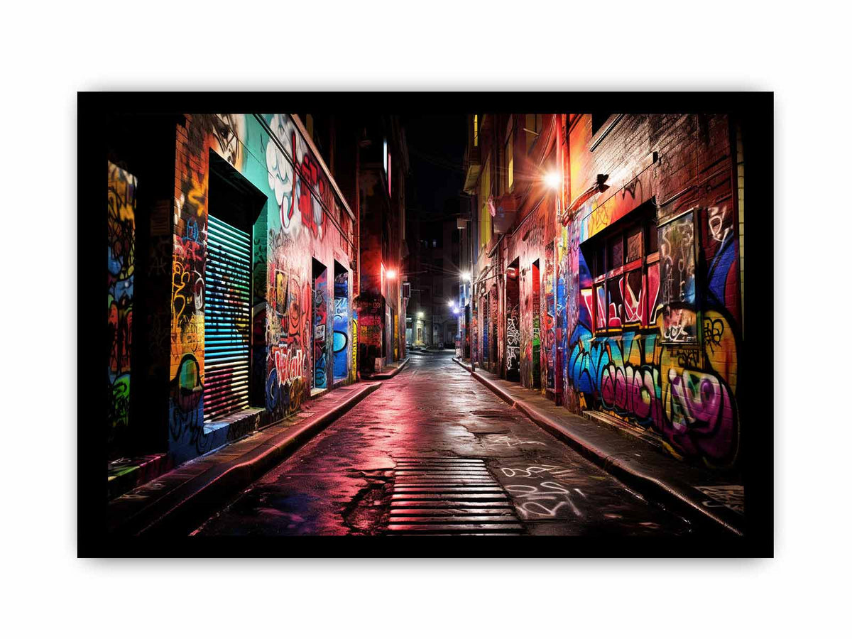 Red neon graffiti alley canvas art with wet pavement for modern urban decor.