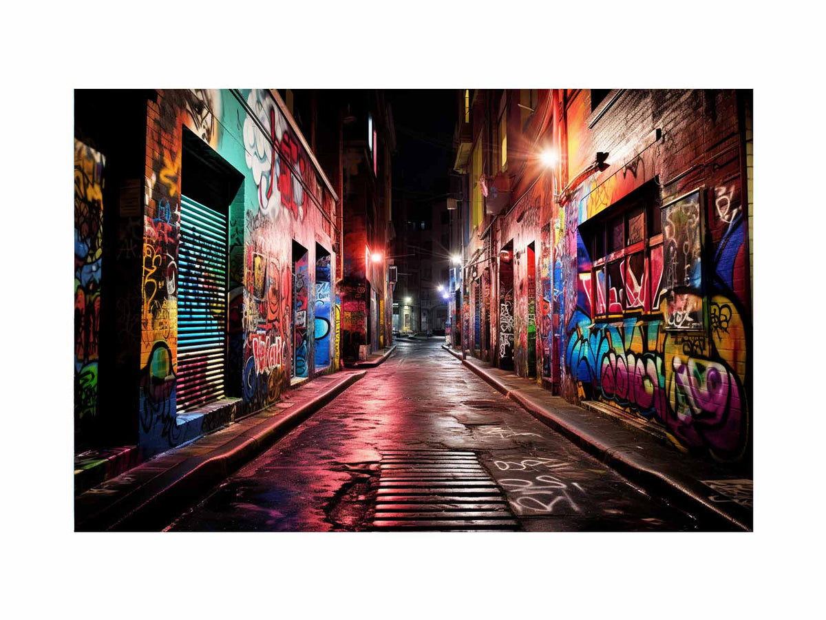 Red neon graffiti alley canvas art with wet pavement for modern urban decor.