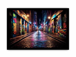 Neon graffiti alley canvas print for modern loft living room decor.