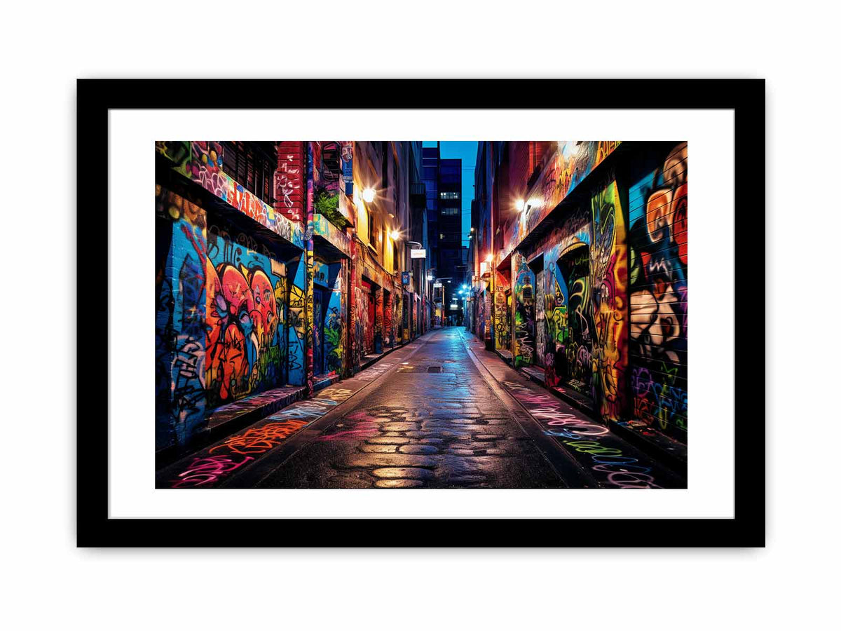 Colorful graffiti laneway canvas art for modern home office decor.