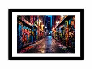 Colorful graffiti laneway canvas art for modern home office decor.
