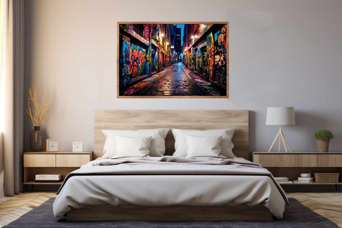 Colorful graffiti laneway canvas art for modern home office decor.