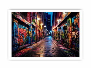 Colorful graffiti laneway canvas art for modern home office decor.