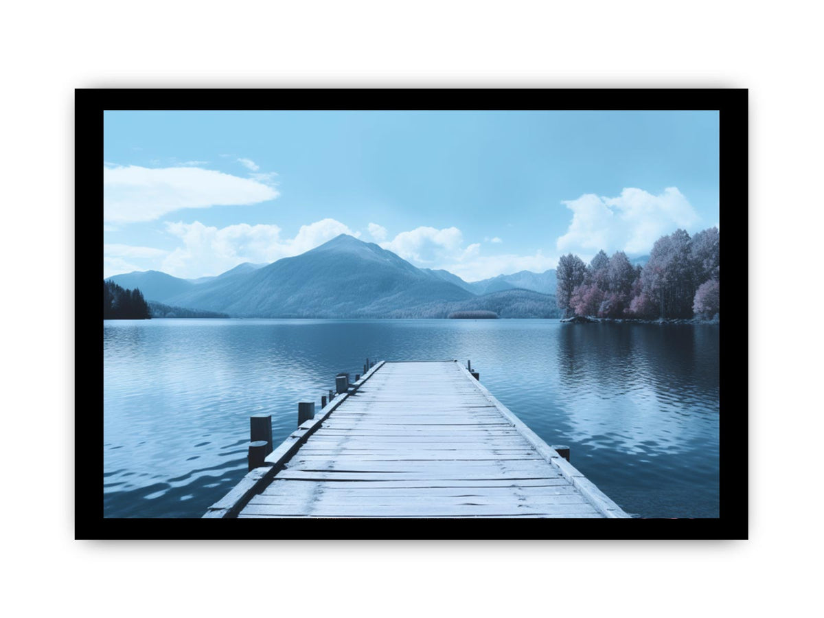 Tranquil lake jetty canvas art with blue mountains for bedroom decor.