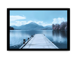 Tranquil lake jetty canvas art with blue mountains for bedroom decor.