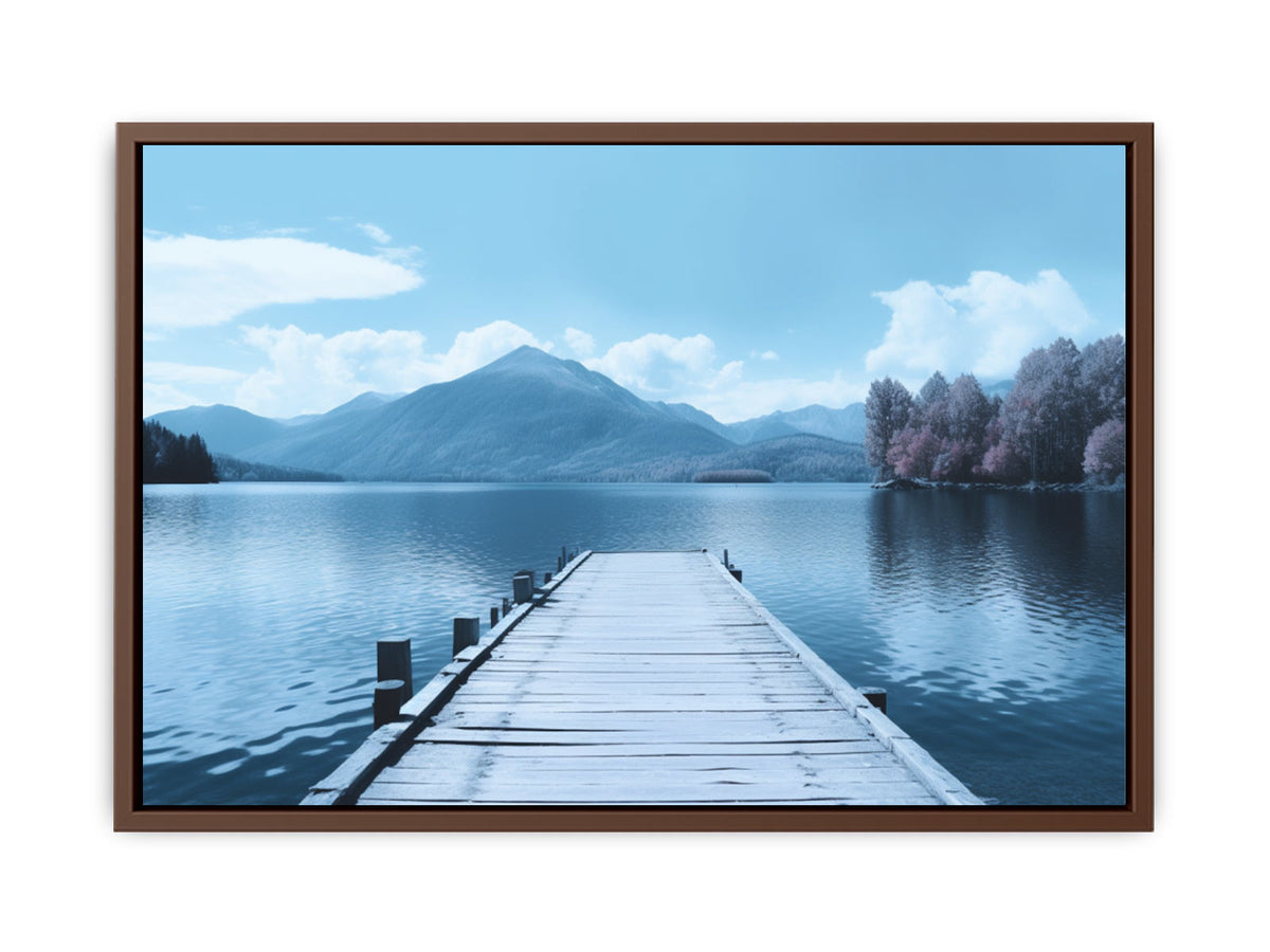 Tranquil lake jetty canvas art with blue mountains for bedroom decor.