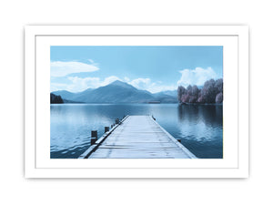 Tranquil lake jetty canvas art with blue mountains for bedroom decor.