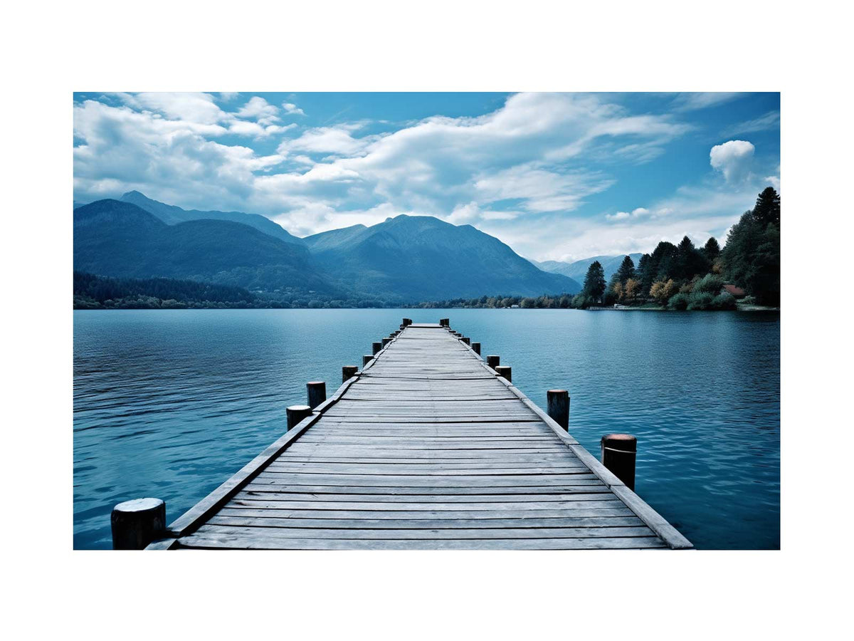 Calm lake jetty wall art with mountains for coastal living room decor.