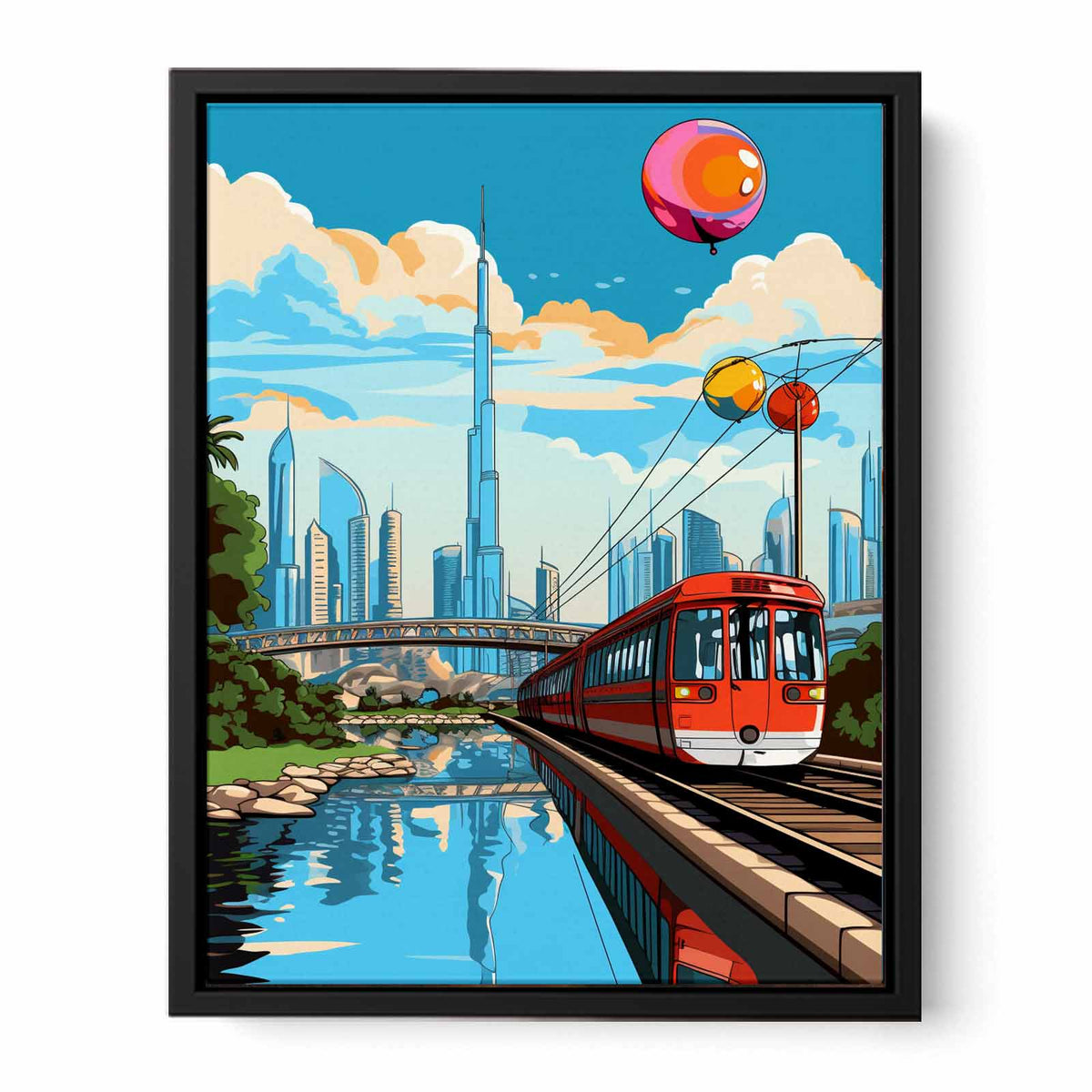 Dubai pop art train illustration canvas for colorful kids room decor.