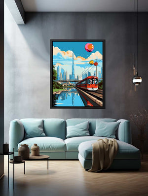 Dubai pop art train illustration canvas for colorful kids room decor.