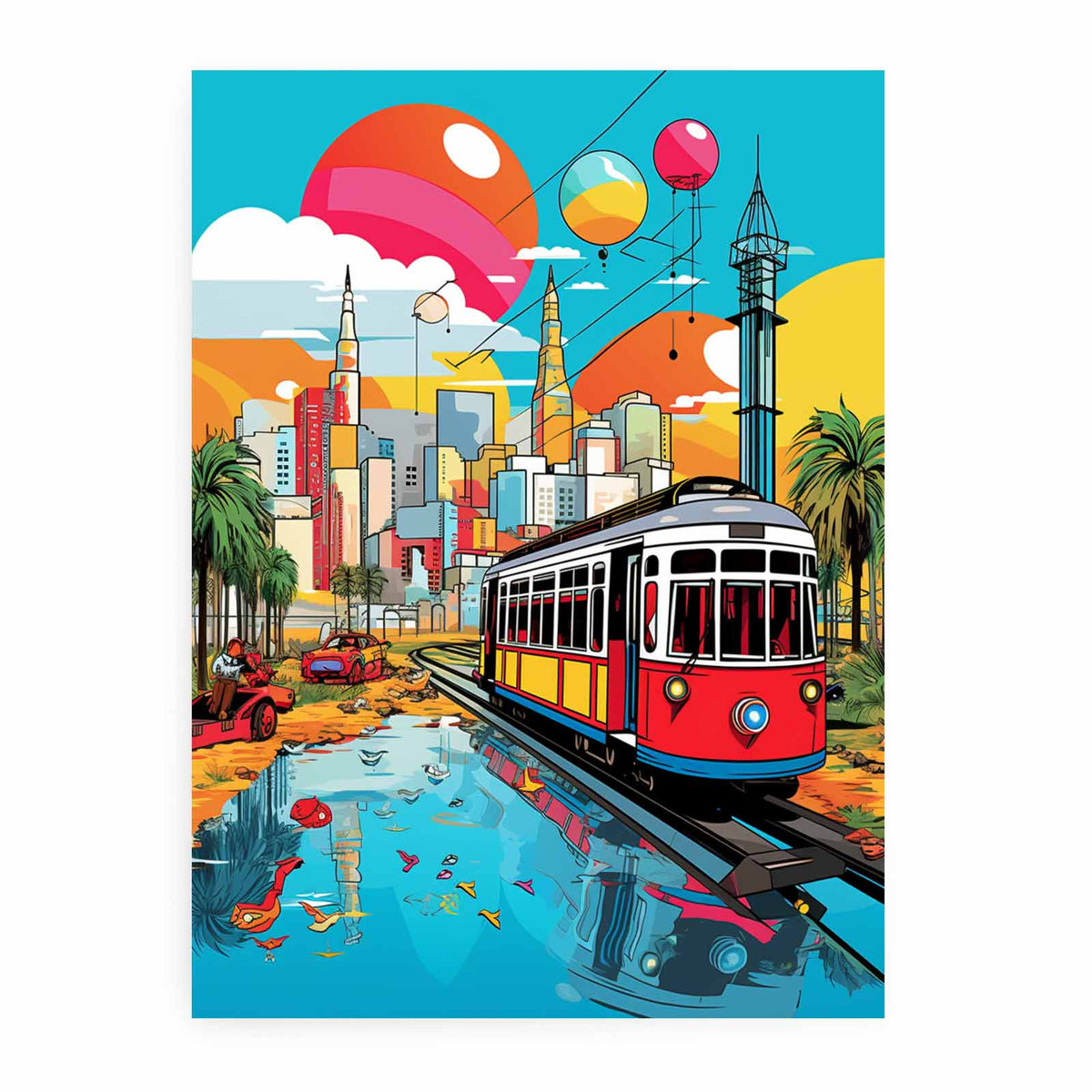 Bold Dubai tram pop art canvas for modern apartment wall decor.