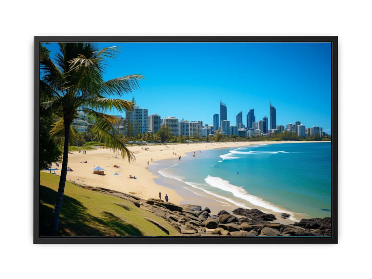 Burleigh Heads beach canvas art with palm tree and ocean for coastal living room decor.