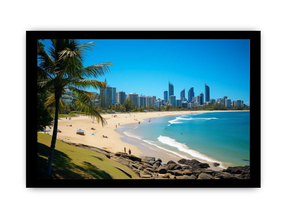 Burleigh Heads beach canvas art with palm tree and ocean for coastal living room decor.