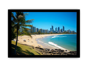 Burleigh Heads beach canvas art with palm tree and ocean for coastal living room decor.
