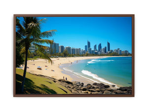 Burleigh Heads beach canvas art with palm tree and ocean for coastal living room decor.