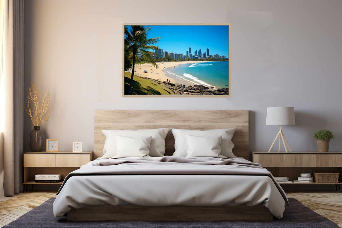 Burleigh Heads beach canvas art with palm tree and ocean for coastal living room decor.