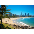 Burleigh Heads beach canvas art with palm tree and ocean for coastal living room decor.