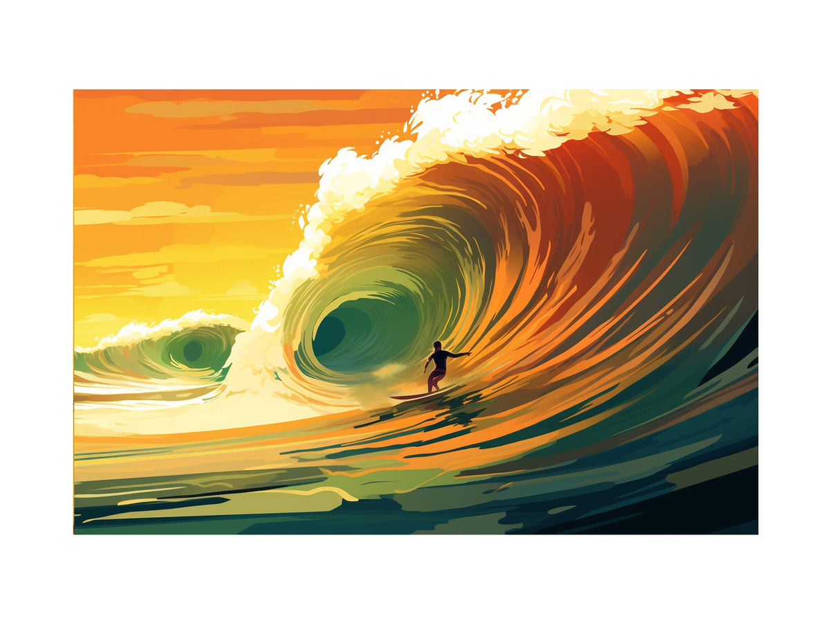 Surfer riding a glowing orange ocean wave at sunset for coastal living room wall art.