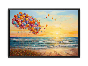Colorful balloons floating beside ocean waves at sunset for dreamy coastal bedroom decor.