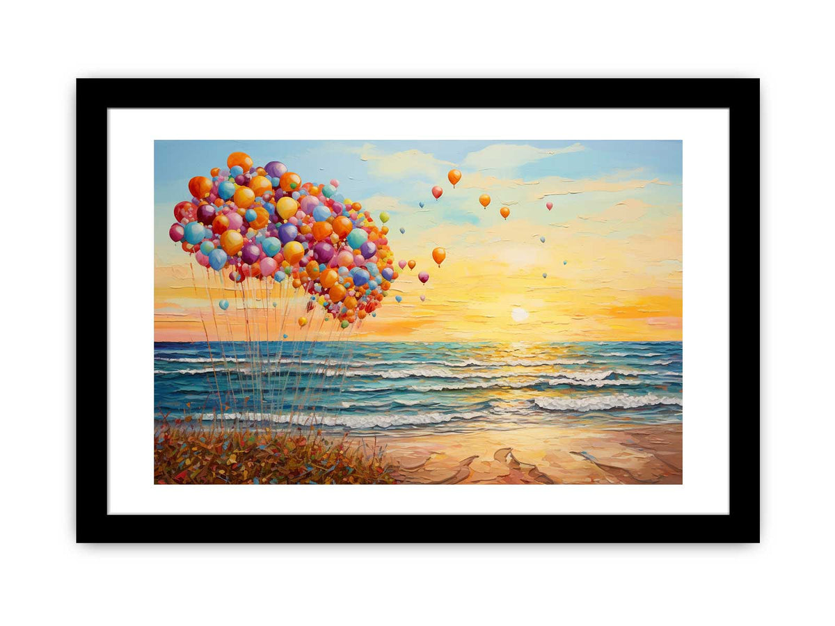 Colorful balloons floating beside ocean waves at sunset for dreamy coastal bedroom decor.