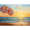 Colorful balloons floating beside ocean waves at sunset for dreamy coastal bedroom decor.