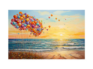 Colorful balloons floating beside ocean waves at sunset for dreamy coastal bedroom decor.