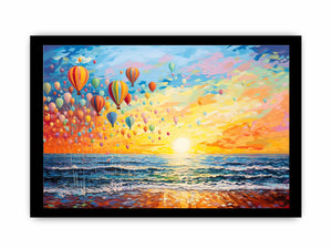 Colorful hot air balloons over ocean sunrise for joyful coastal living room wall decor.