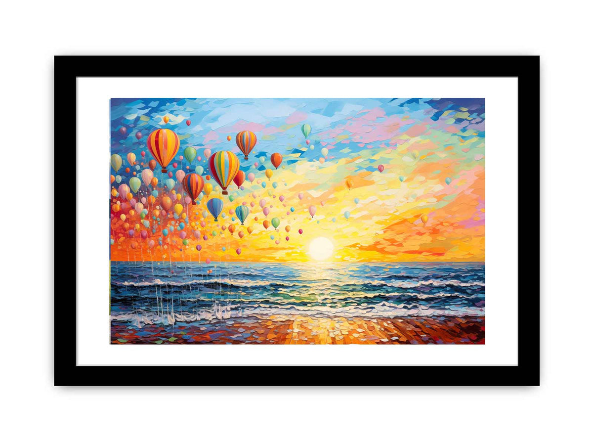 Colorful hot air balloons over ocean sunrise for joyful coastal living room wall decor.
