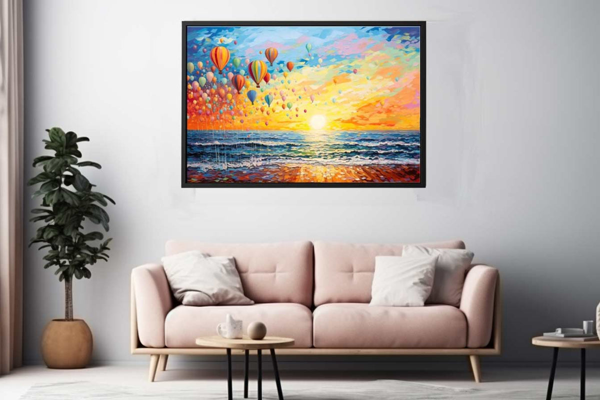 Colorful hot air balloons over ocean sunrise for joyful coastal living room wall decor.