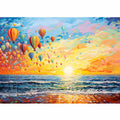 Colorful hot air balloons over ocean sunrise for joyful coastal living room wall decor.