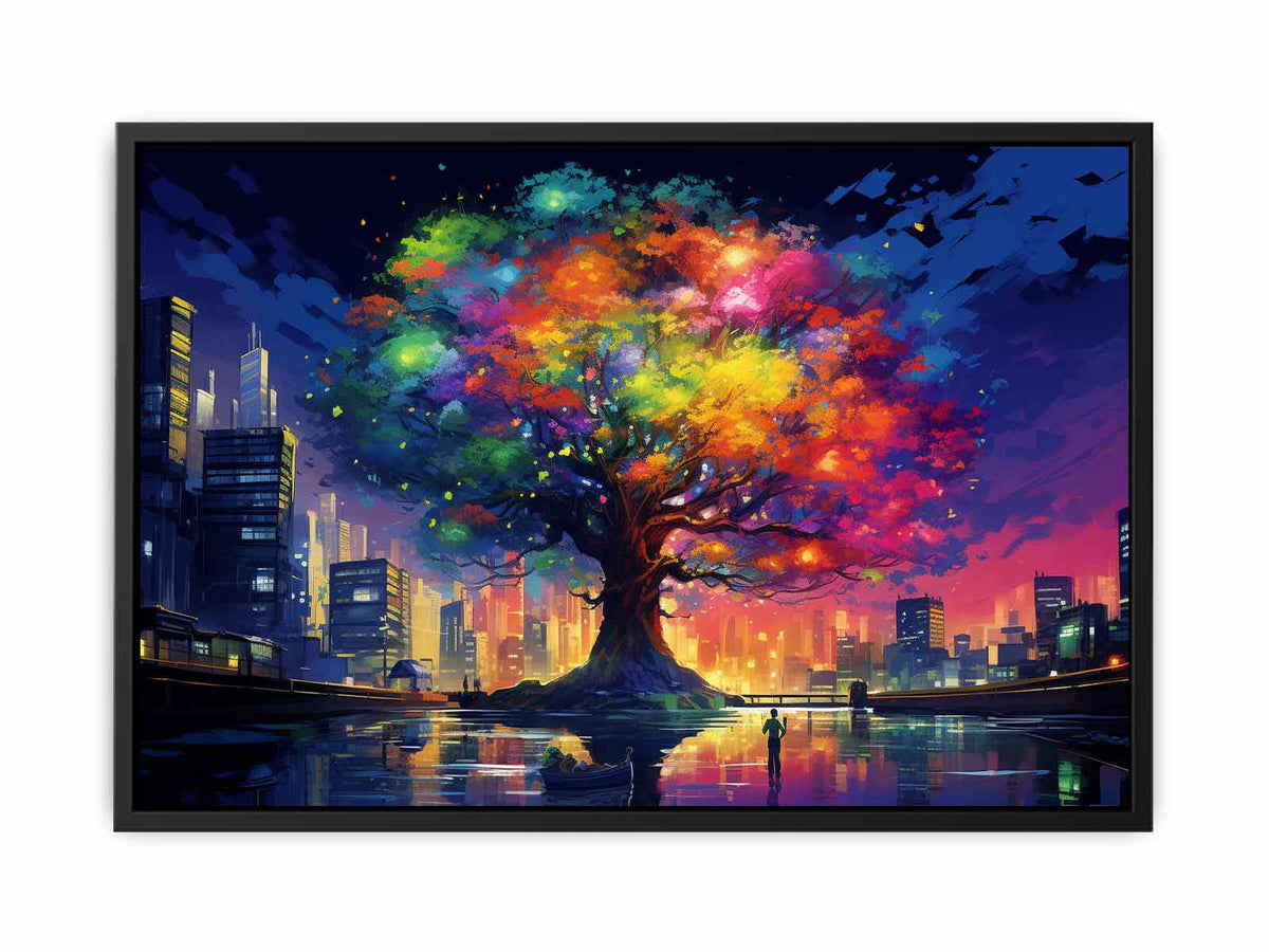 Rainbow tree glowing in a modern city skyline with reflections for bold office wall art.