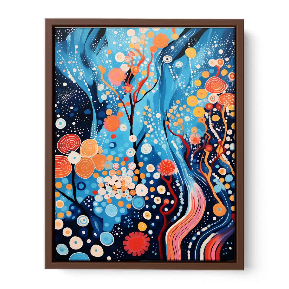 Vibrant blue and coral abstract painting with circles and flowing lines for modern decor.