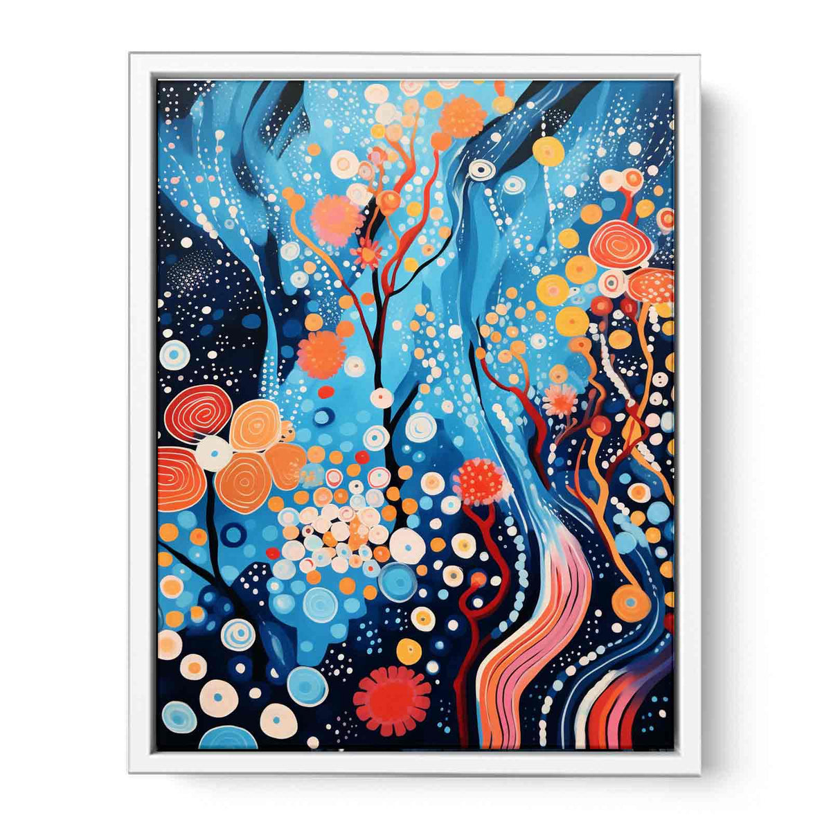 Vibrant blue and coral abstract painting with circles and flowing lines for modern decor.