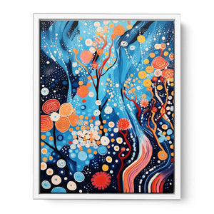 Vibrant blue and coral abstract painting with circles and flowing lines for modern decor.