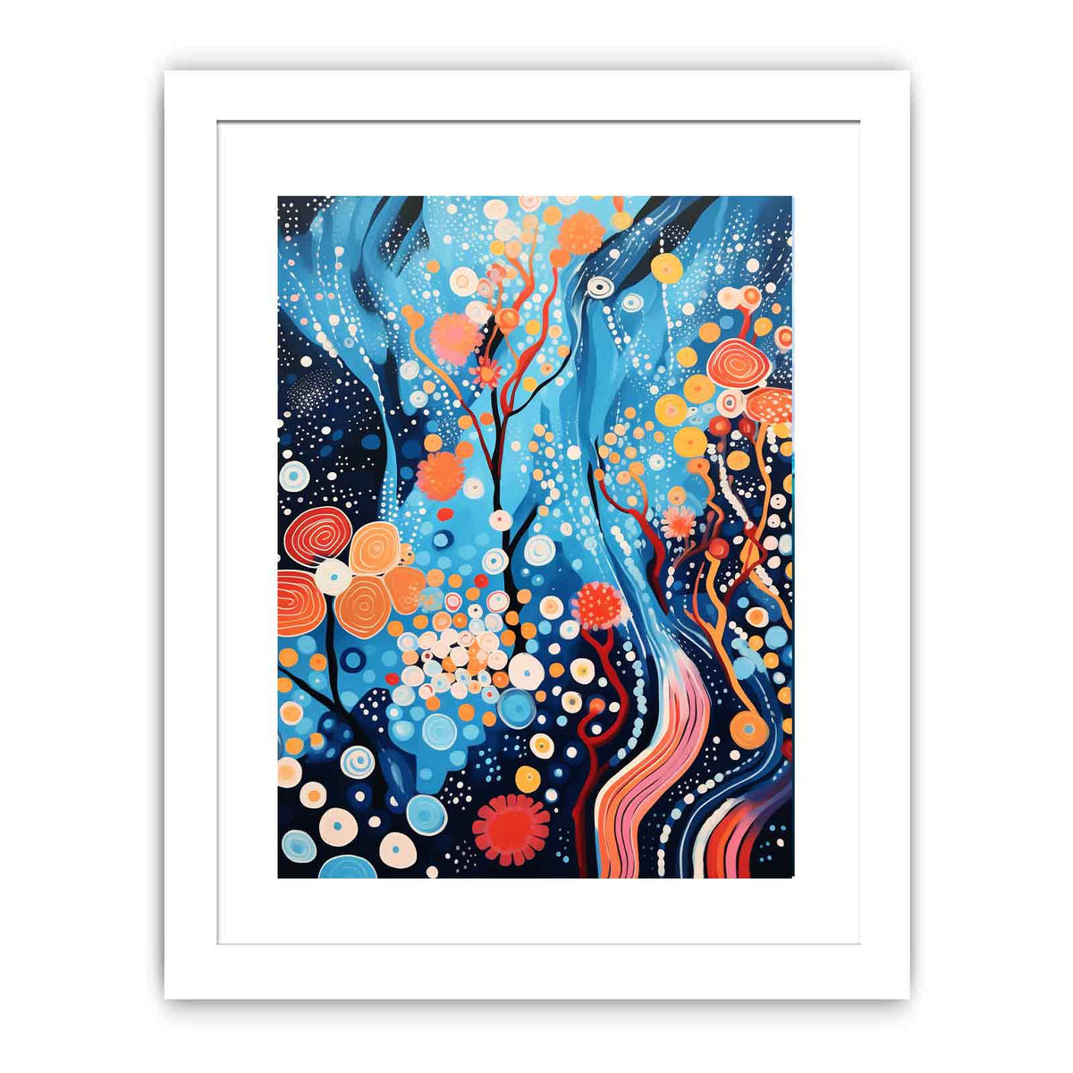 Vibrant blue and coral abstract painting with circles and flowing lines for modern decor.