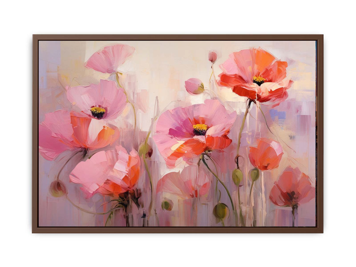 Soft pink and coral poppy flower painting for elegant bedroom and living room wall decor.