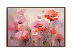 Soft pink and coral poppy flower painting for elegant bedroom and living room wall decor.