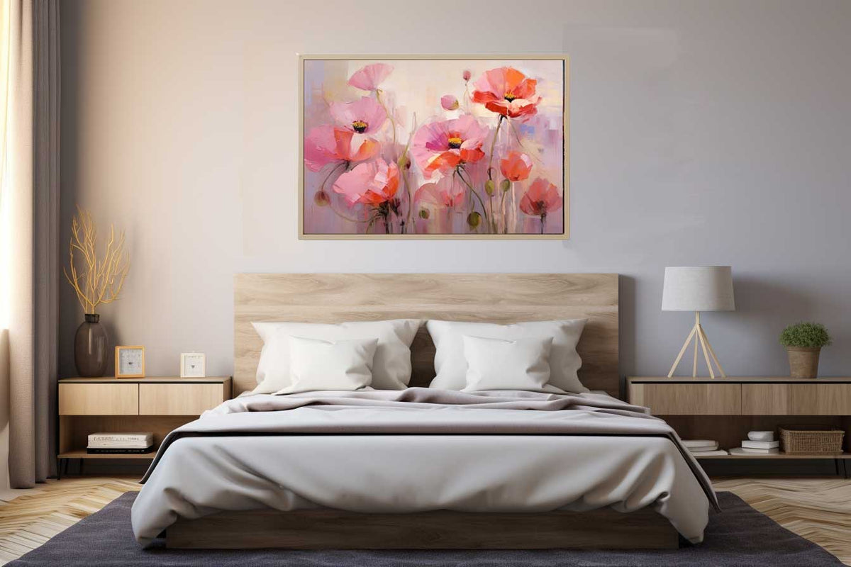 Soft pink and coral poppy flower painting for elegant bedroom and living room wall decor.