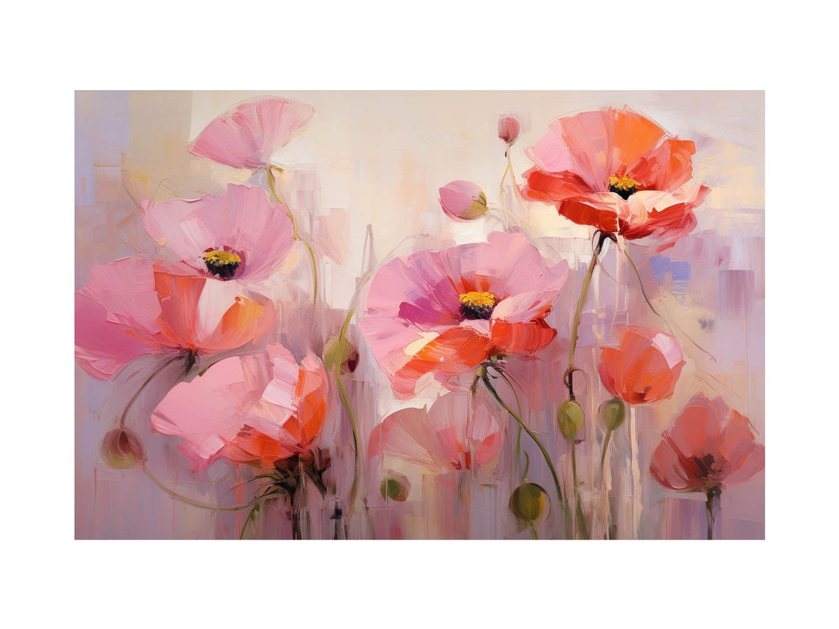 Soft pink and coral poppy flower painting for elegant bedroom and living room wall decor.
