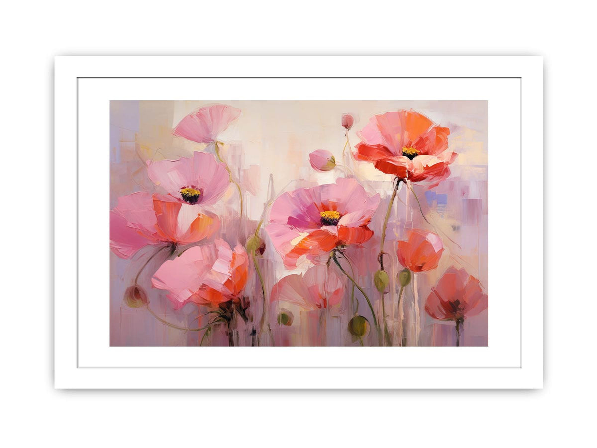 Soft pink and coral poppy flower painting for elegant bedroom and living room wall decor.